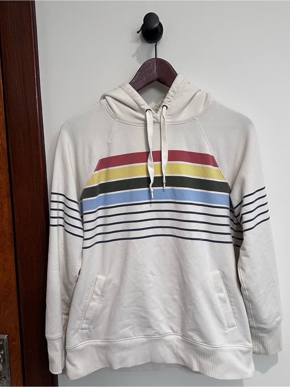 L.L. Bean Cream Hoodie with Red, Yellow, Olive & Blue Stripes